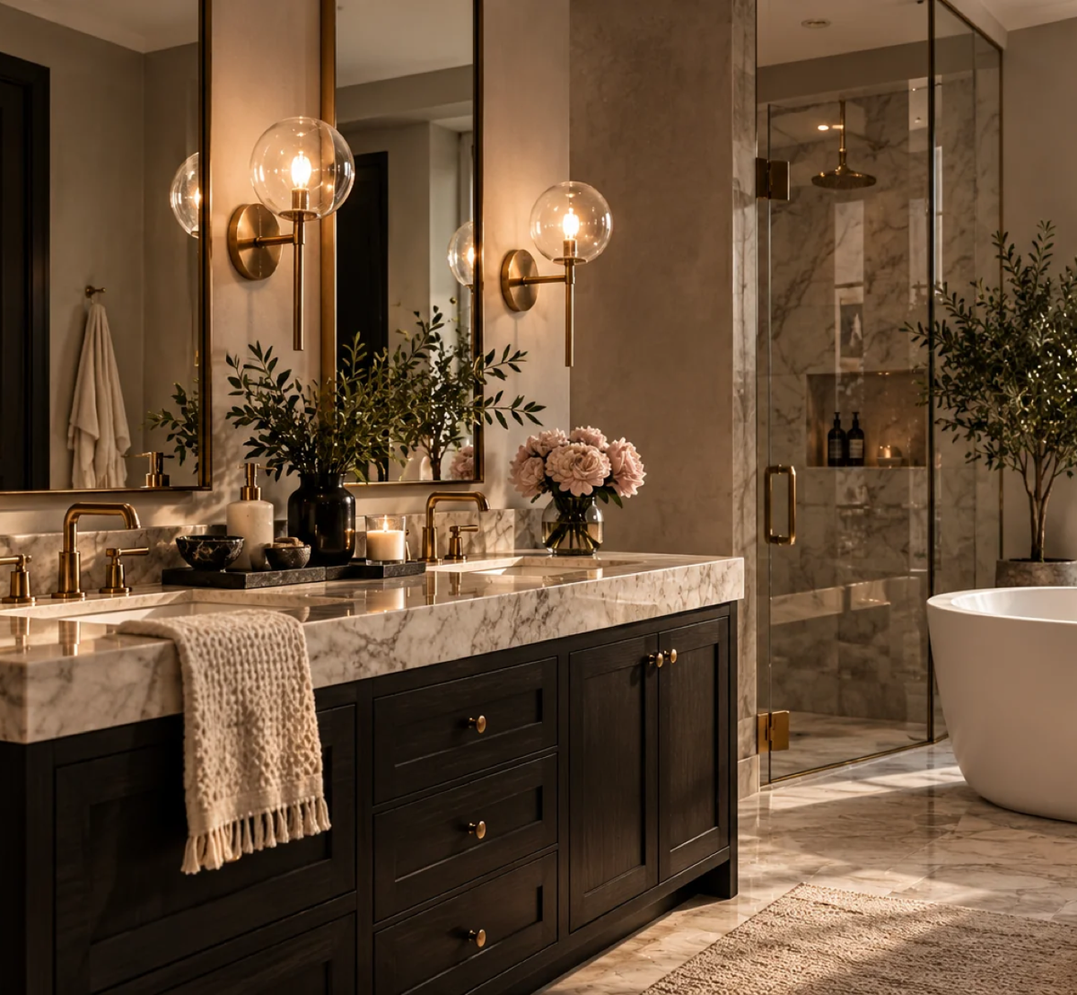 bathroom with globe sconces and double sink