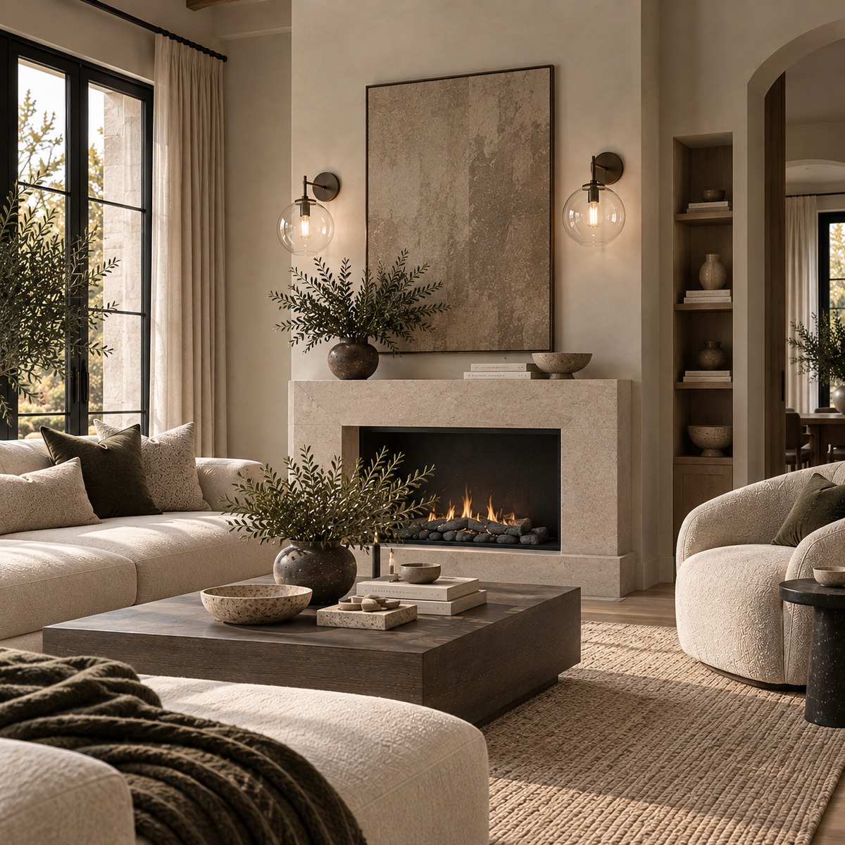 GLASS GLOBE SCONCES ABOVE FIREPLACE