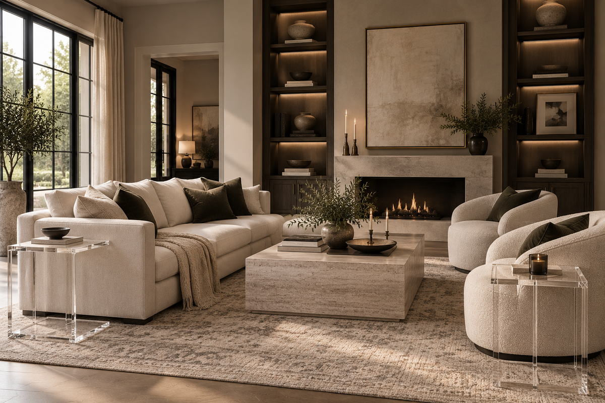 living room with acrylic end tables