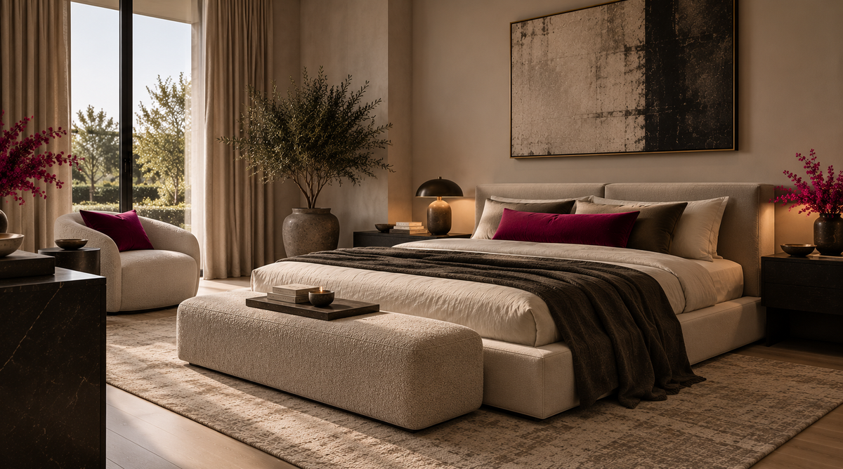 MODERN BEDROOM WITH PLATFORM BED AND BENCH