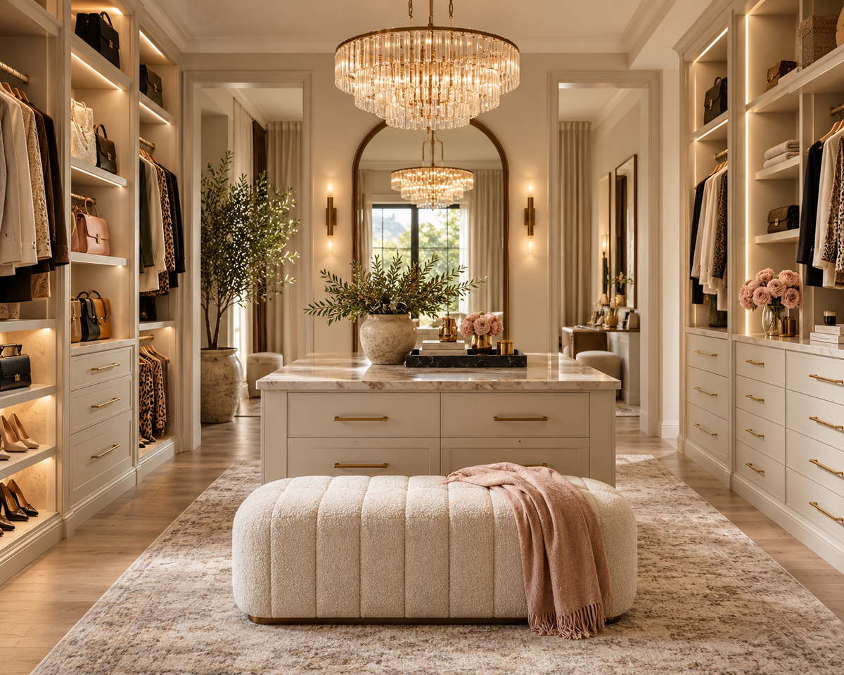 closet with crystal chandelier and large ottoman and island