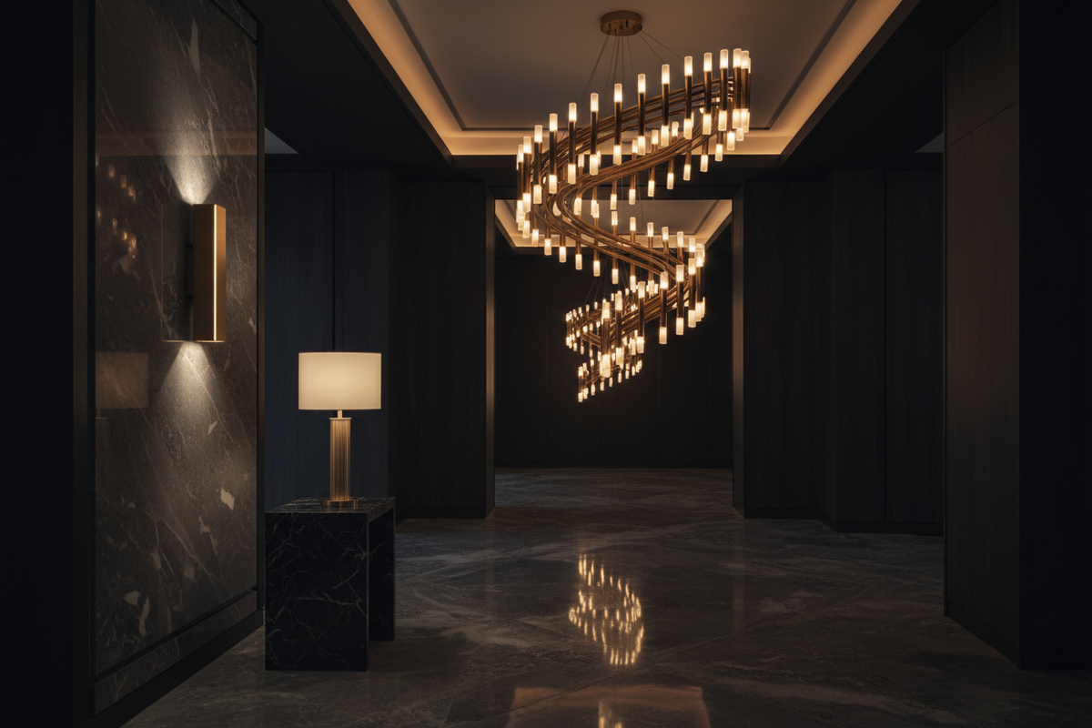 ROOM WITH LOW LIGHTING AND CHANDELIER