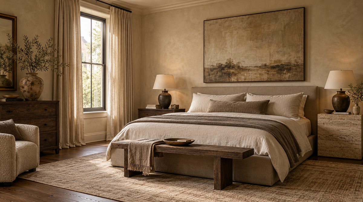 Warm luxury bedroom with an upholstered bed, layered neutral bedding, mismatched nightstands, and a wood bench