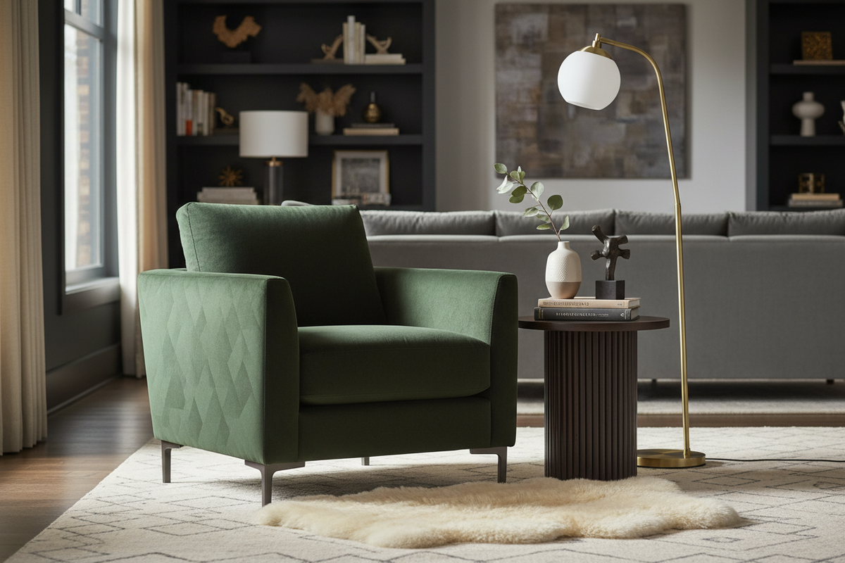 accent chair in room with side table and floor lamp