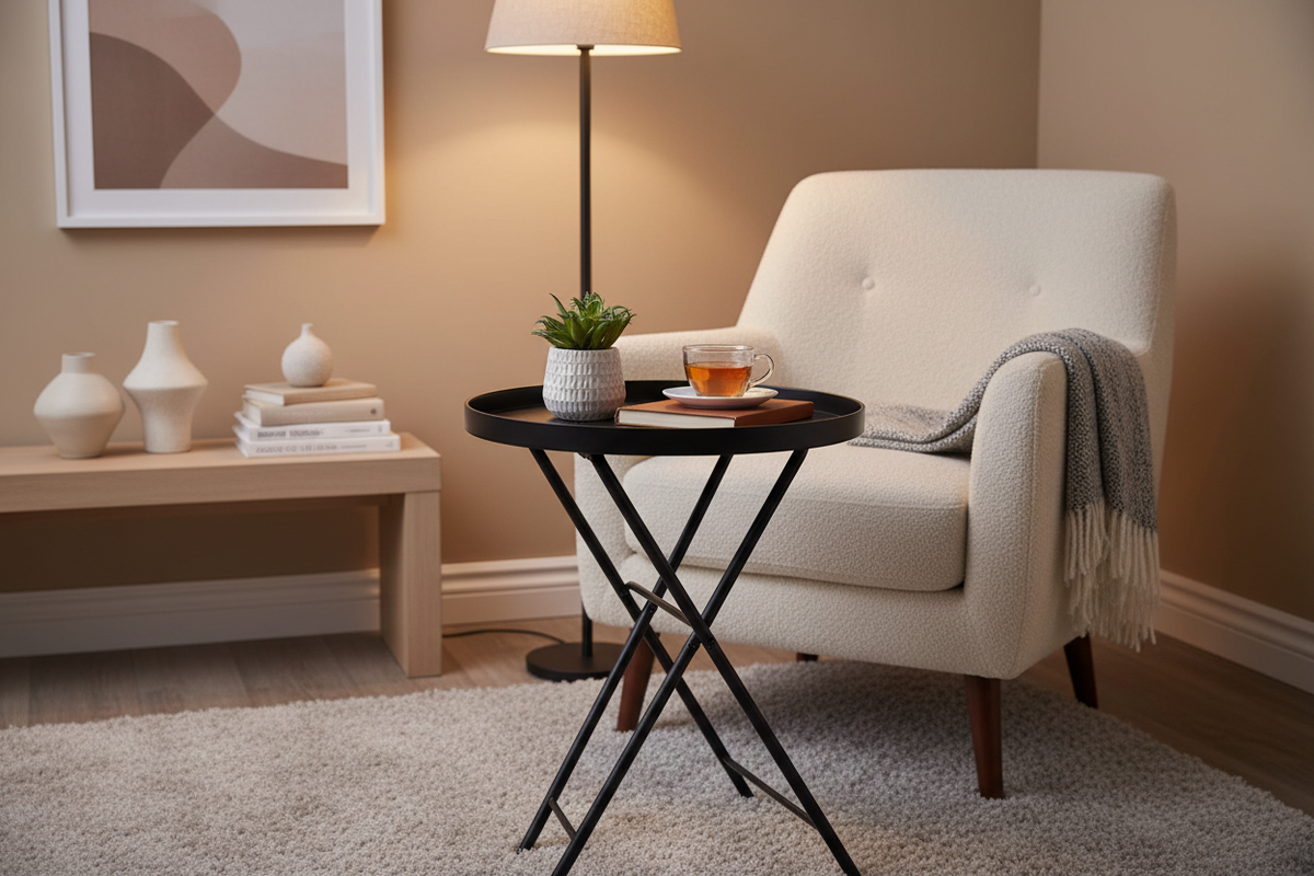 FOLDING TRAY TABLE BY AN ACCENT CHAIR