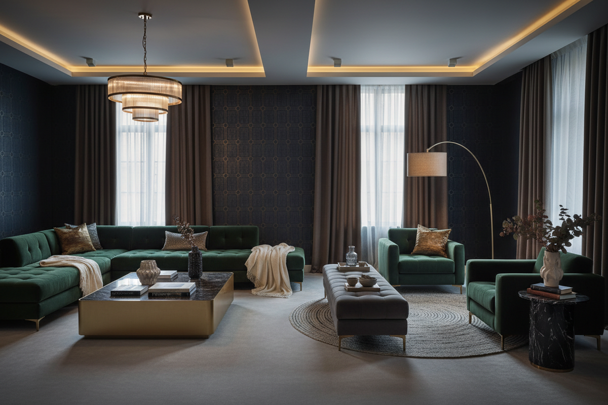 swanky room with chandelier and sofa, bench, floor lamp, area rug