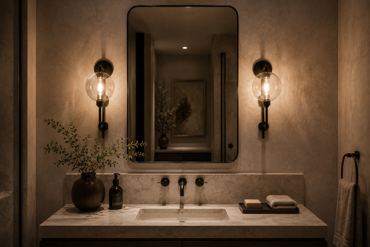 glass globe wall sconces beside a bathroom mirror in a luxury bathroom