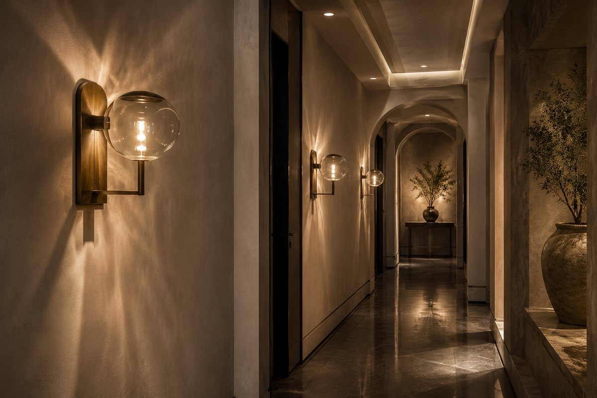 glass globe wall sconces glowing in a luxury hallway