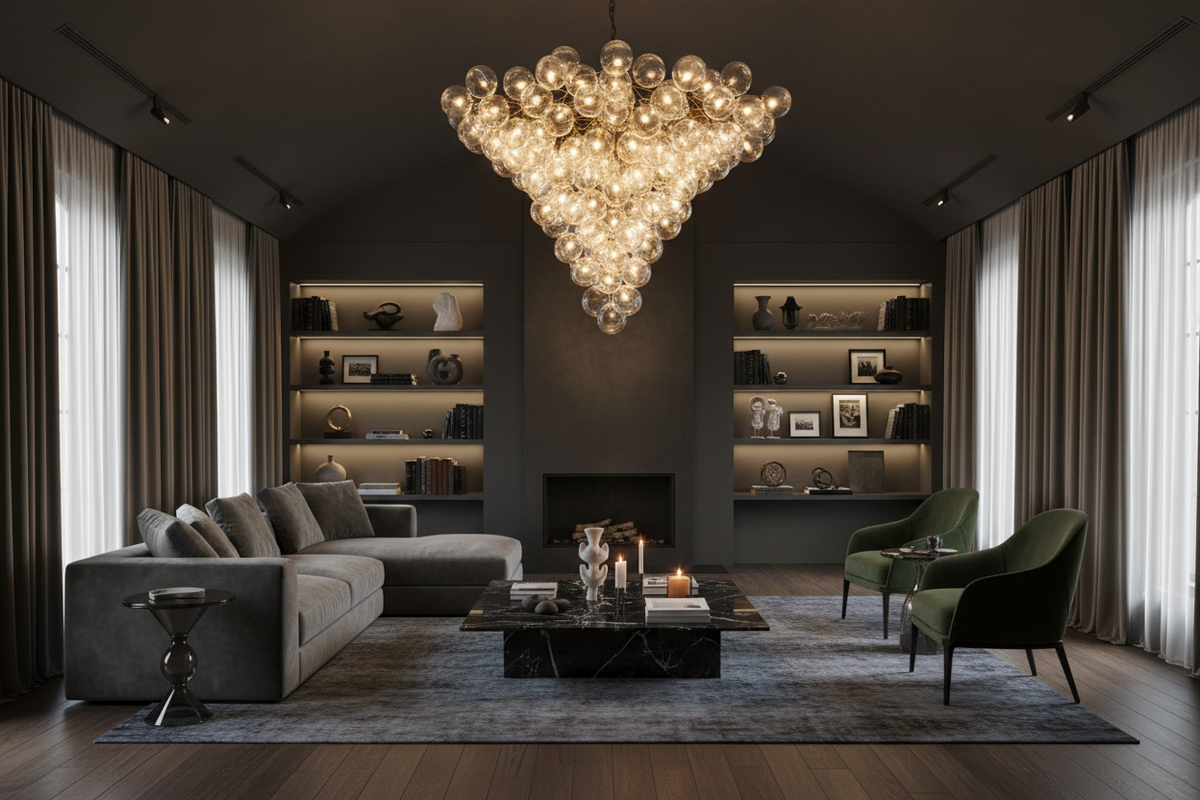 MODERN ROOM WITH CHANDELIER AND SOFA