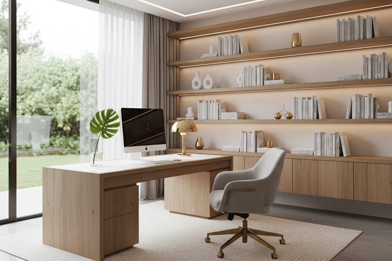 in-home office with desk and shelving on the walls