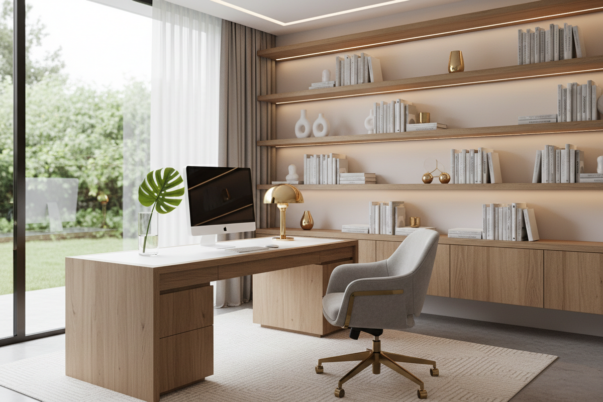 in-home office with desk and shelving on the walls