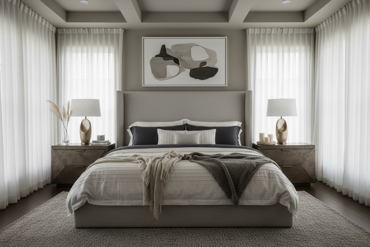 bedroom with bed and bedding and windows