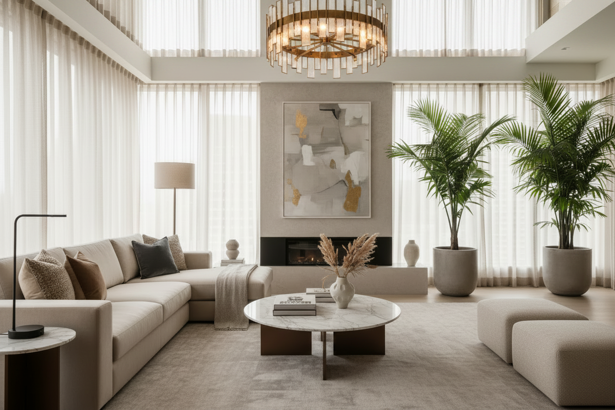 LIVING ROOM WITH HIGH CEILINGS AND SECTIONAL AND COFFEE TABLE