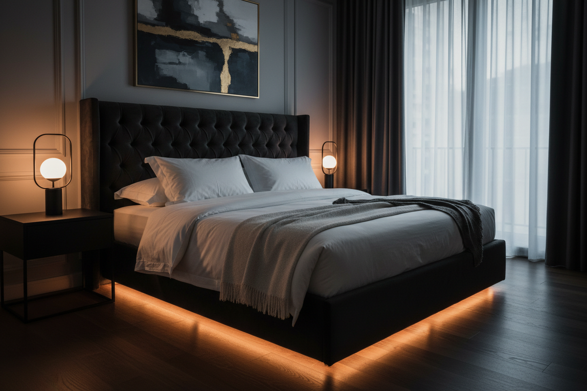 bed with under lighting