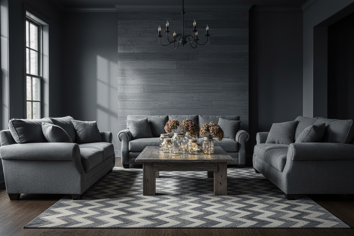 GRAY FURNITURE IN A GRAY ROOM