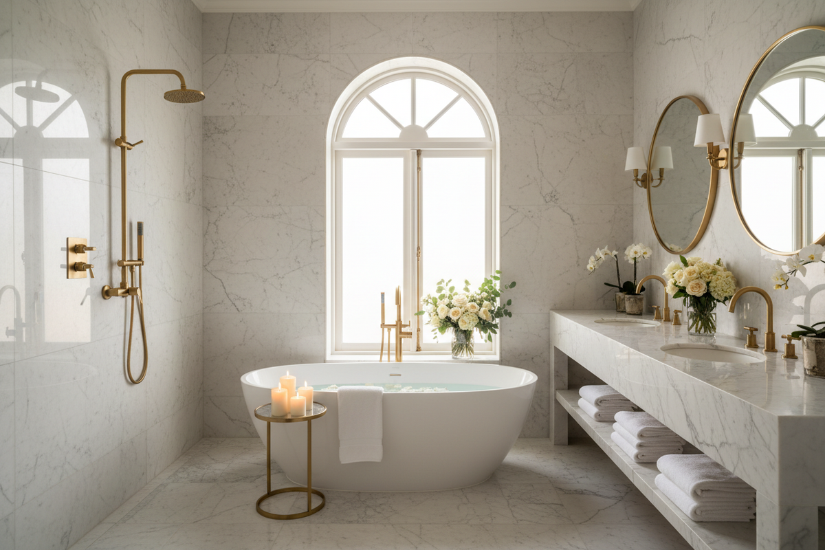 bathroom with large window and vanity with towels folded and mirrors and a bathtub