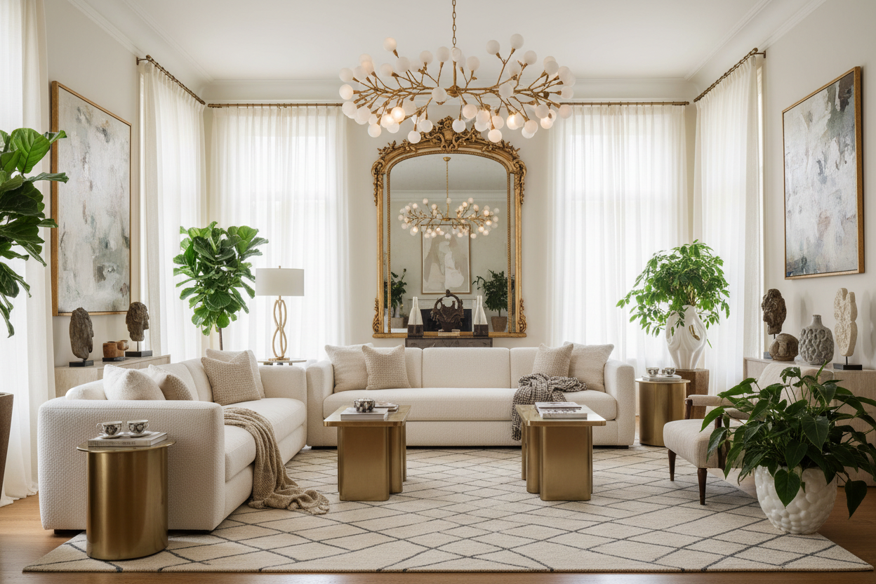 luxury living room with 2 sofas, mirror, lamp, chandelier, area rug, and coffee table