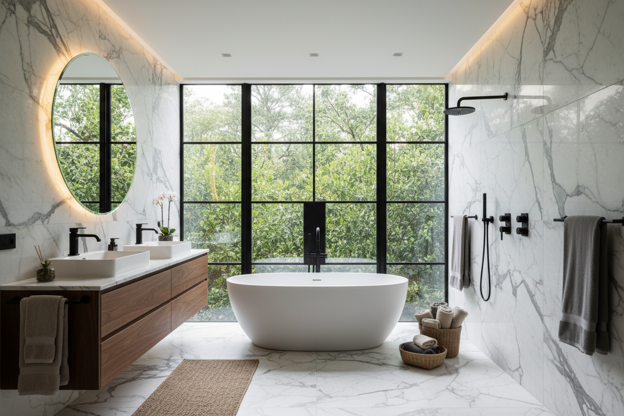luxury bathroom with long floating vanity and stand alone tub with light up mirror