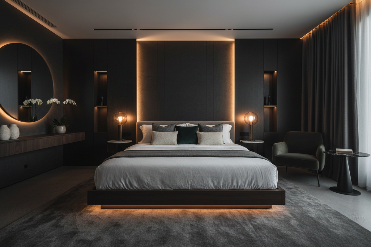 bedroom with bed and lighting and mirror and curtains