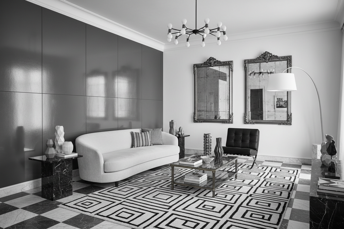 BLACK AND WHITE ECLECTIC LIVING ROOM