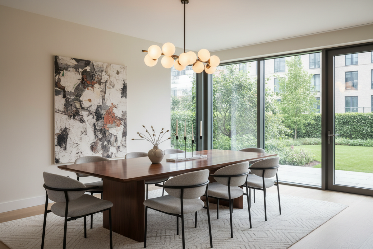 DINING ROOM WITH CHANDELIER AND WINDOWS