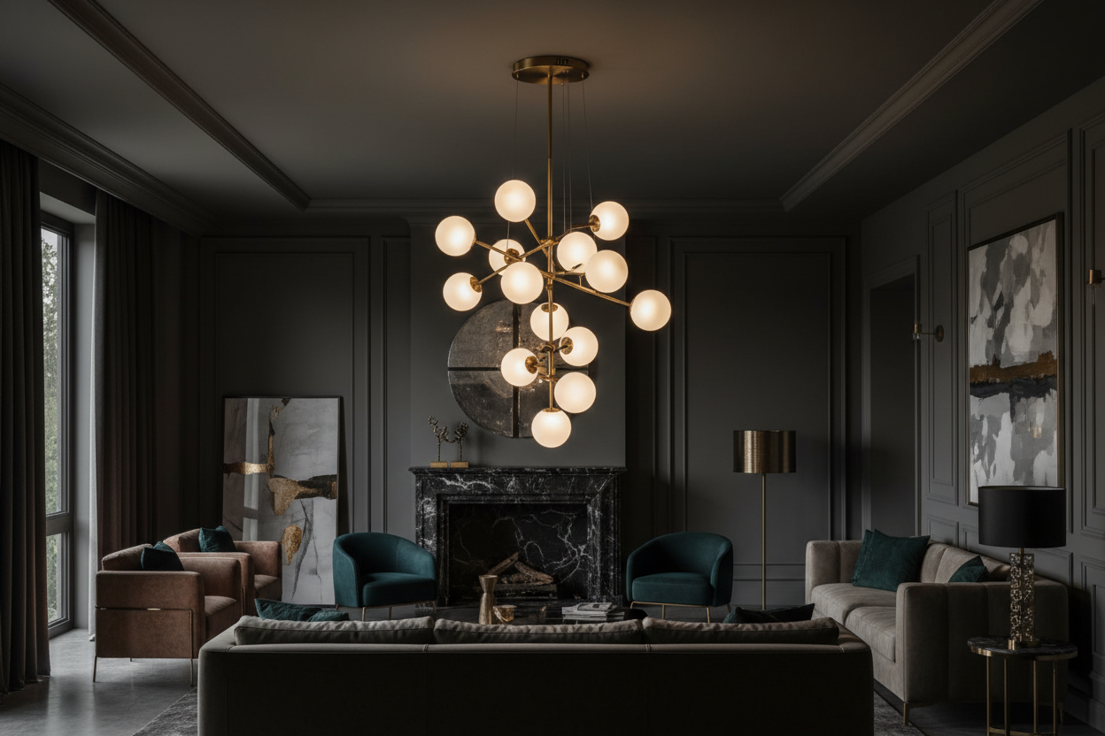 living room with chandelier