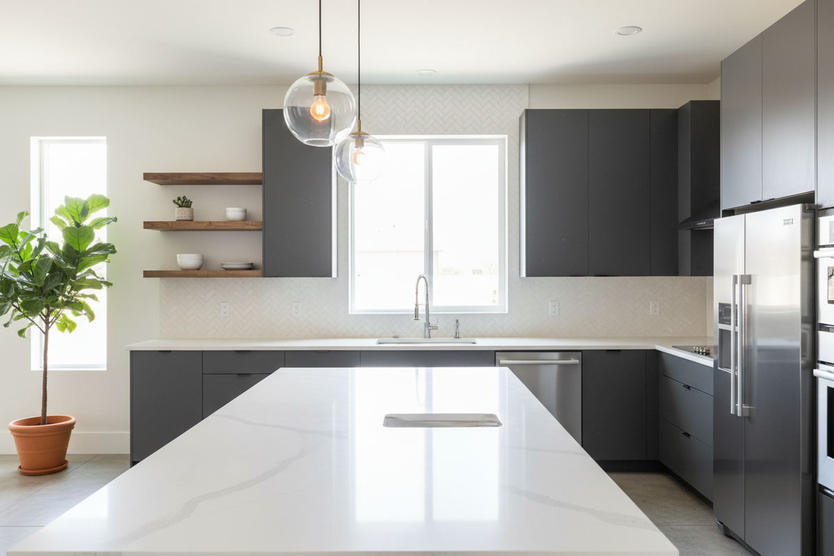 modern kitchen with hanging lights and a faux tree on the left in the back
