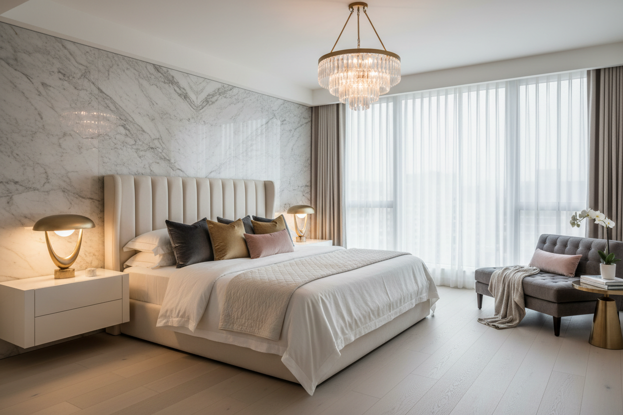 luxury bedroom with bed and chandelier