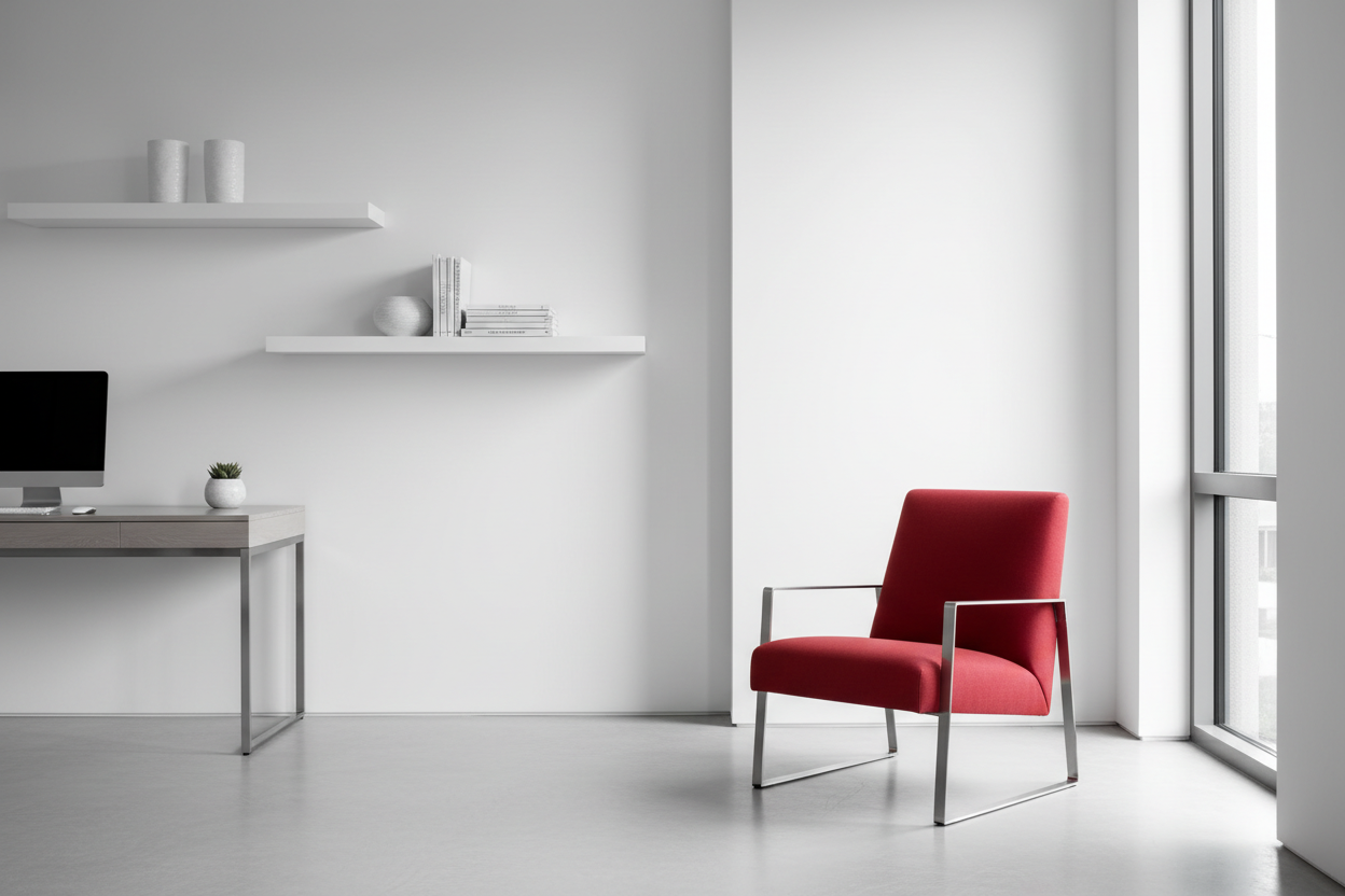 RED CHAIR IN ALL WHITE ROOM