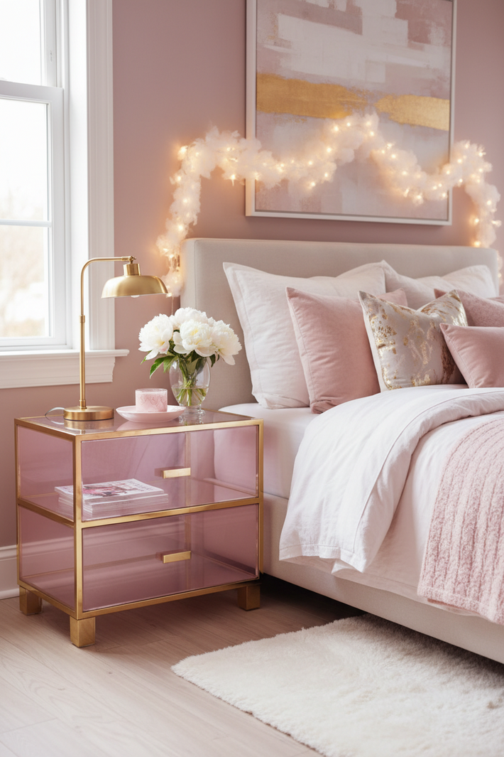 pink acrylic nightstand by bed in girls room