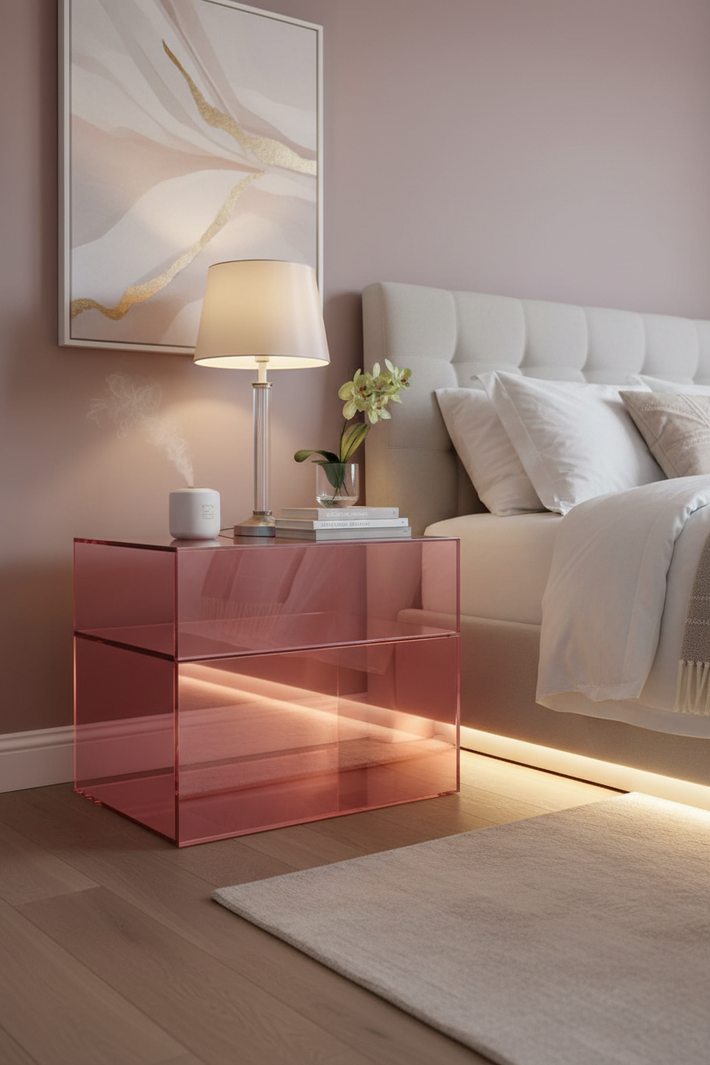 PINK ACRYLIC NIGHTSTAND IN BEDROOM