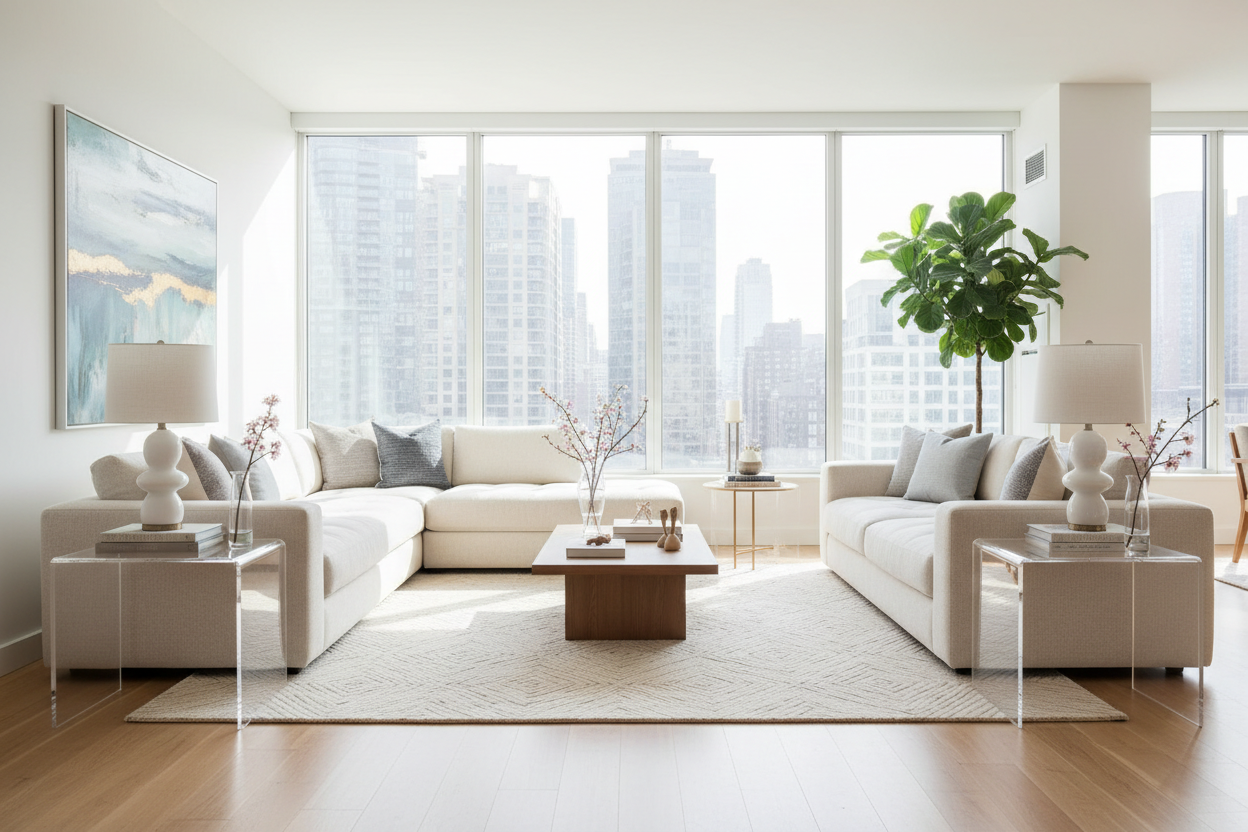living room with acrylic end tables 