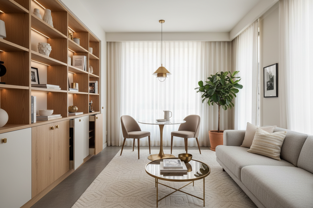 small room with shelving and table and sofa