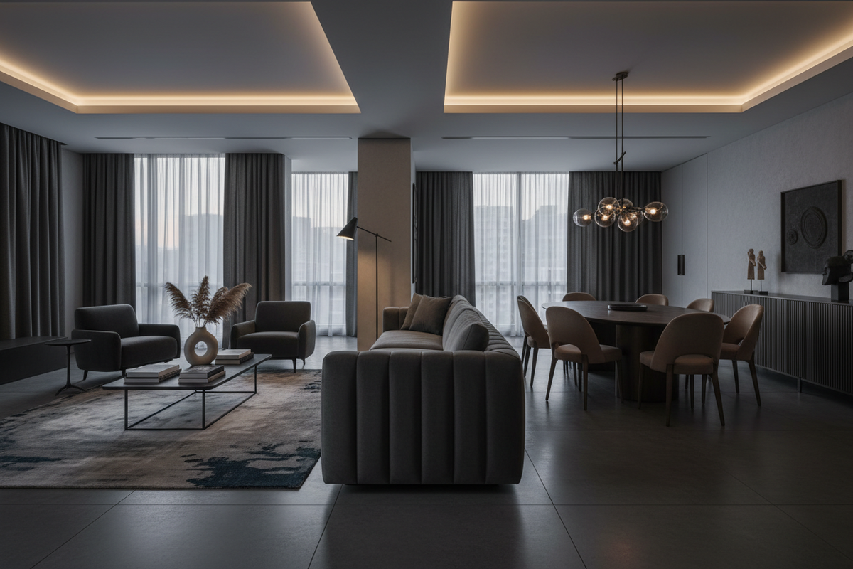 MODERN LIVING ROOM WITH ACCENT LIGHTING AND SOFA