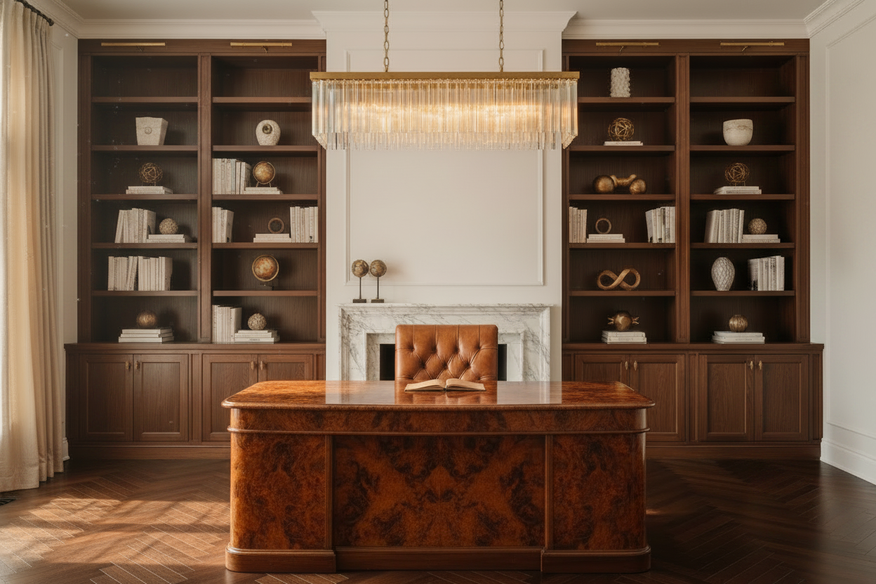 desk in at-home office space with a chandelier and bookshelves behind it