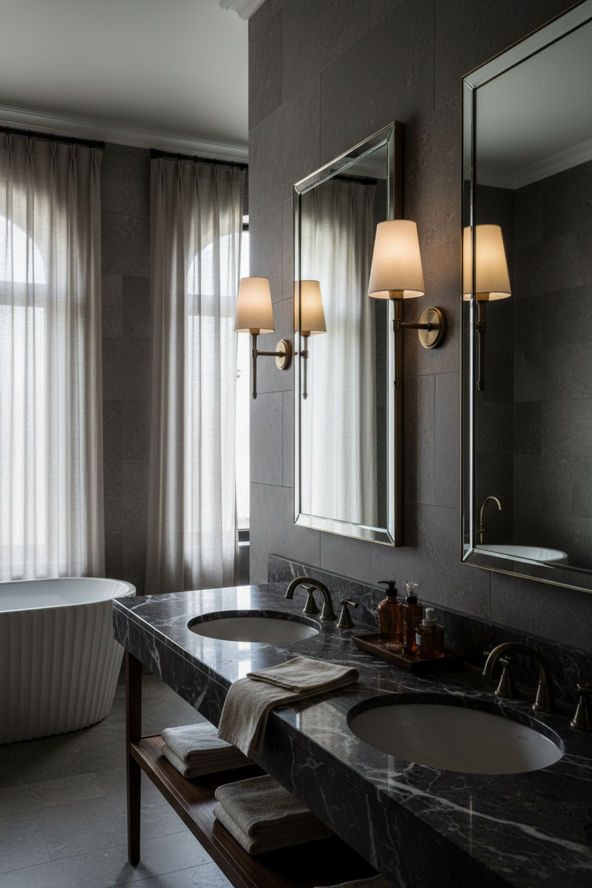 SCONCES BY BATHROOM MIRRORS ABOVE SINK