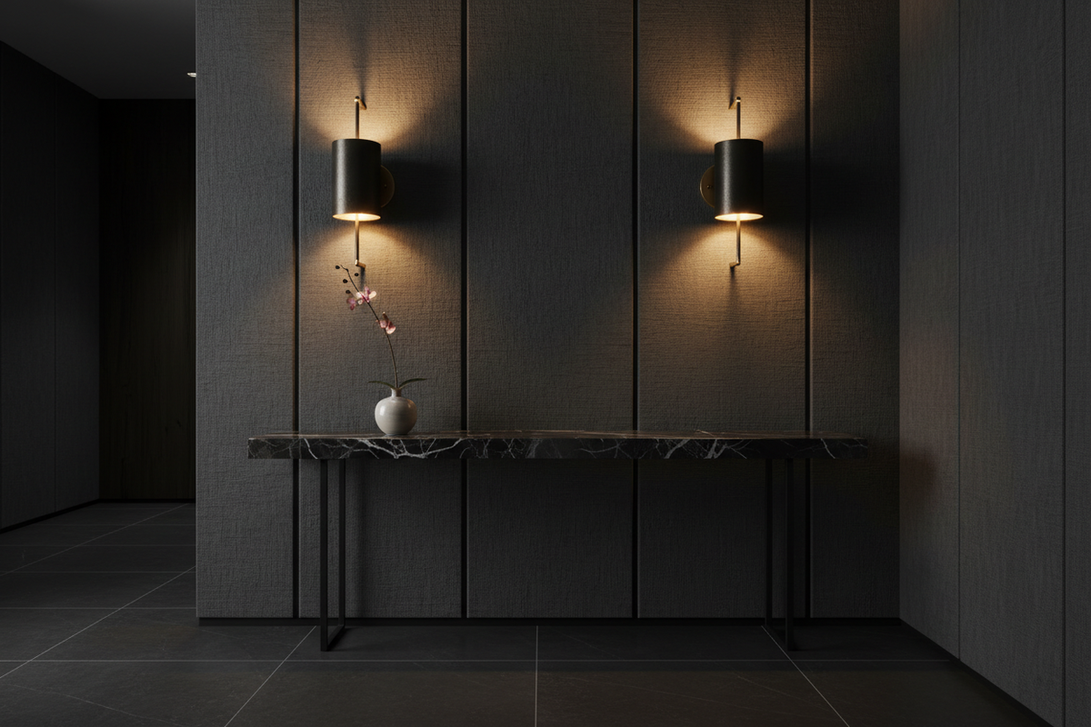 2 WALL SCONCES IN A DIMLY LIT ROOM ABOVE A CONSOLE TABLE