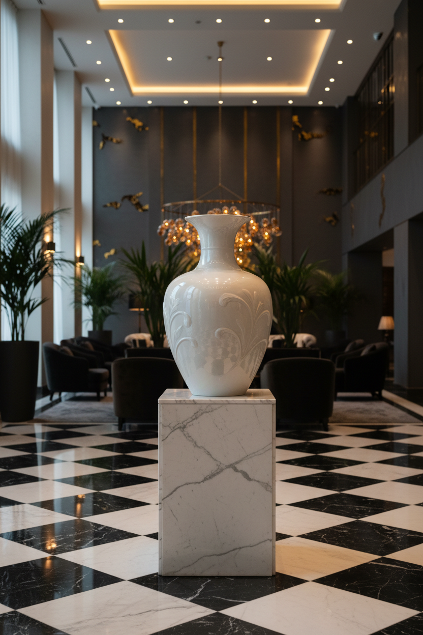 FANCY WHITE VASE IN A HOTEL LOBBY