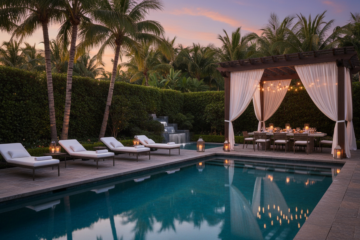 outdoor space with pool and chairs and palm trees