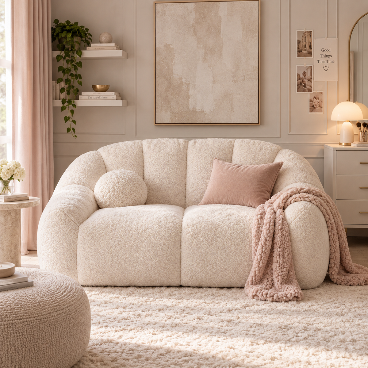 A cream bouclé loveseat sofa in a softly styled living room, with a blush pink throw pillow, a chunky knit pink throw blanket draped over the arm, a matching round pouf, and a pink rug.