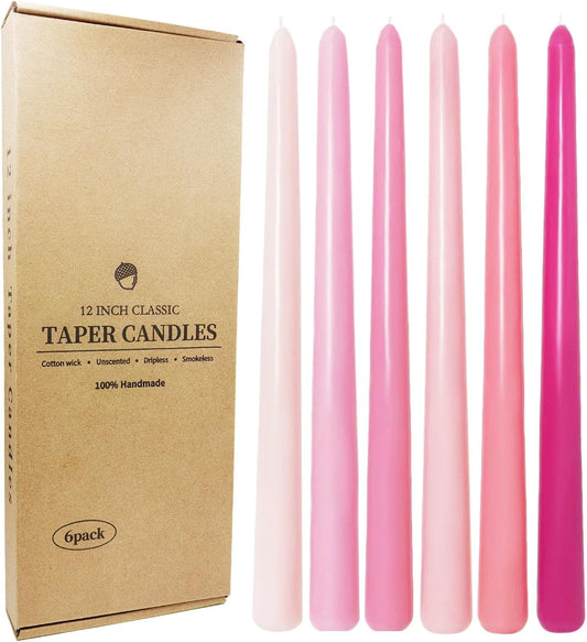 12 Inch Pink Taper Candles for Christmas Home Decoration, 6 Pack Color-Gradient Candlesticks for Dinner Wedding Party Holidays Spring