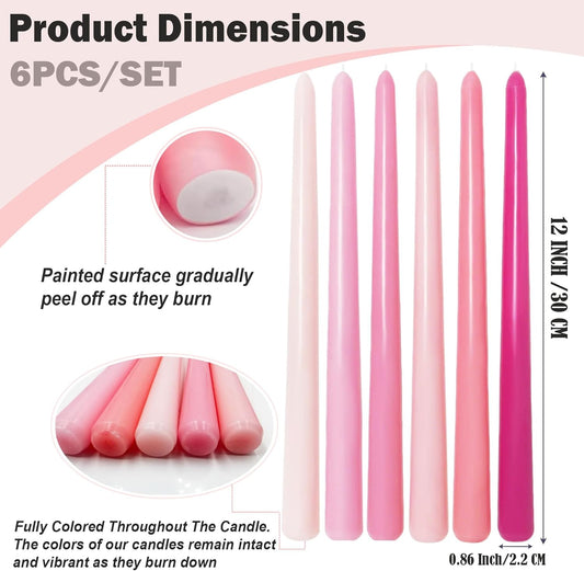 12 Inch Pink Taper Candles for Christmas Home Decoration, 6 Pack Color-Gradient Candlesticks for Dinner Wedding Party Holidays Spring