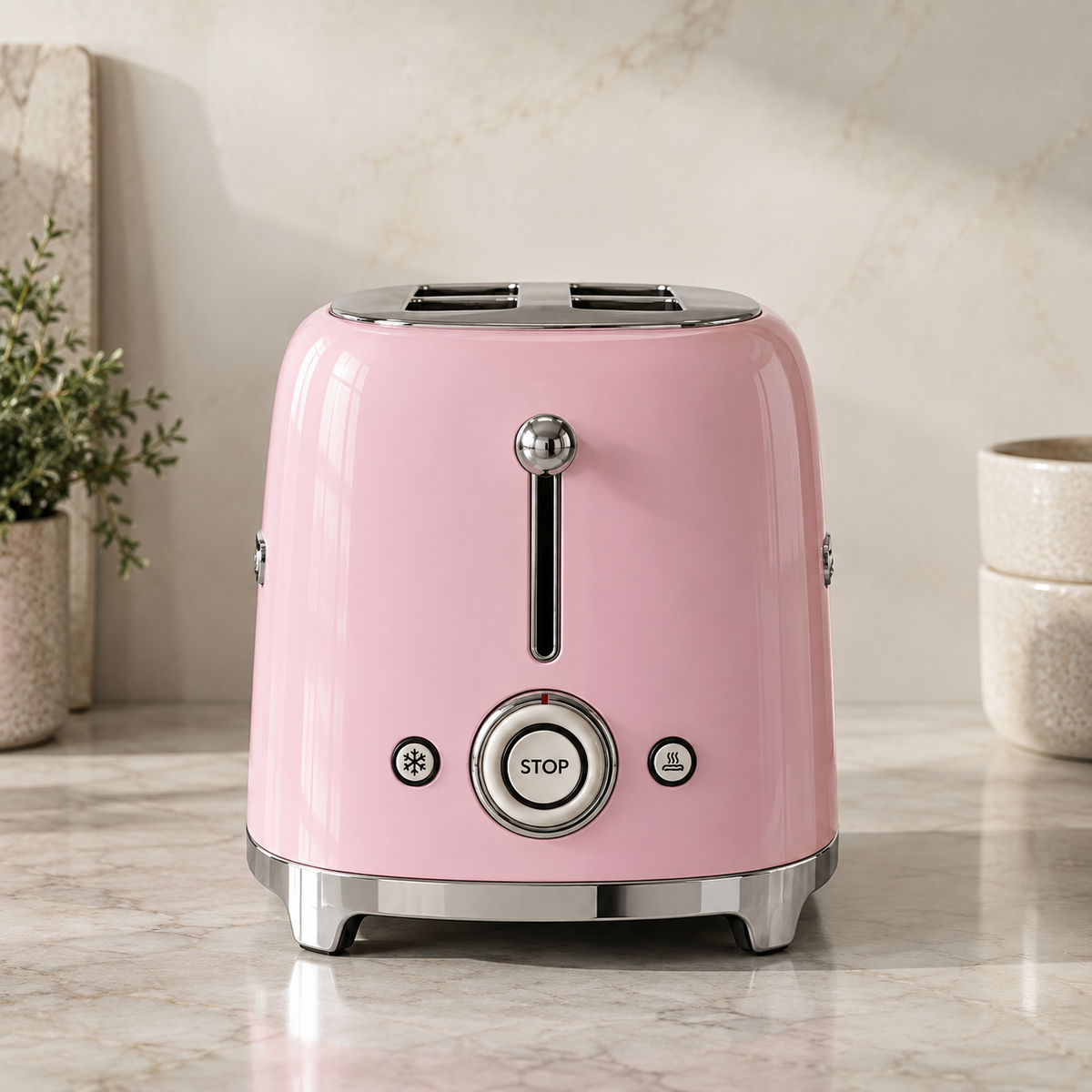 A retro-style two-slice toaster in glossy pastel pink with polished silver/chrome accents, sitting on a light marble countertop in a kitchen setting.