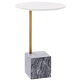 Load image into Gallery viewer, A small round MODERN SIDE TABLE by House of Effy with a white top, a thin gold vertical support, and a square gray marble base that exudes contemporary design.
