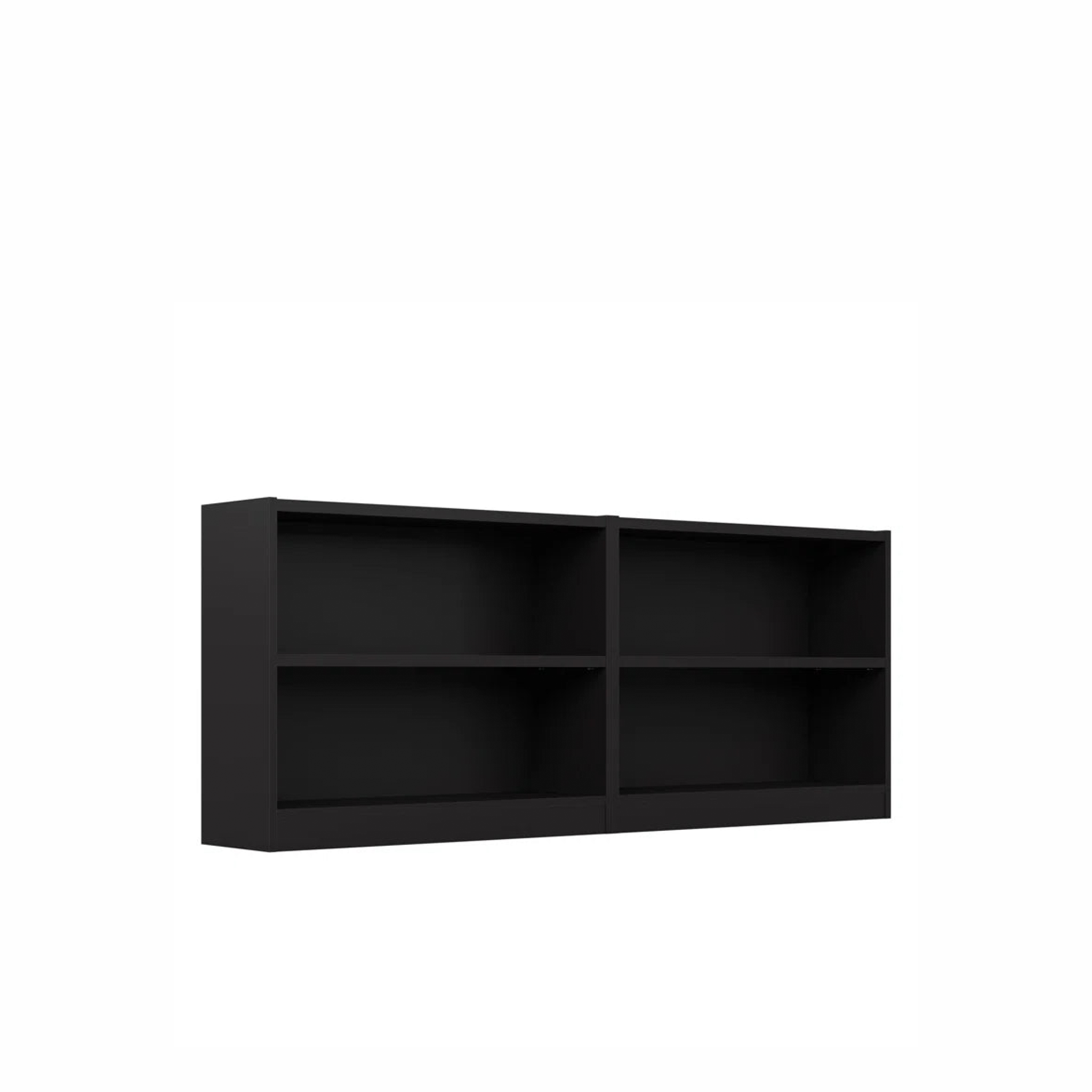 2-SHELF BLACK BOOKCASE in a white space with a diagonal view