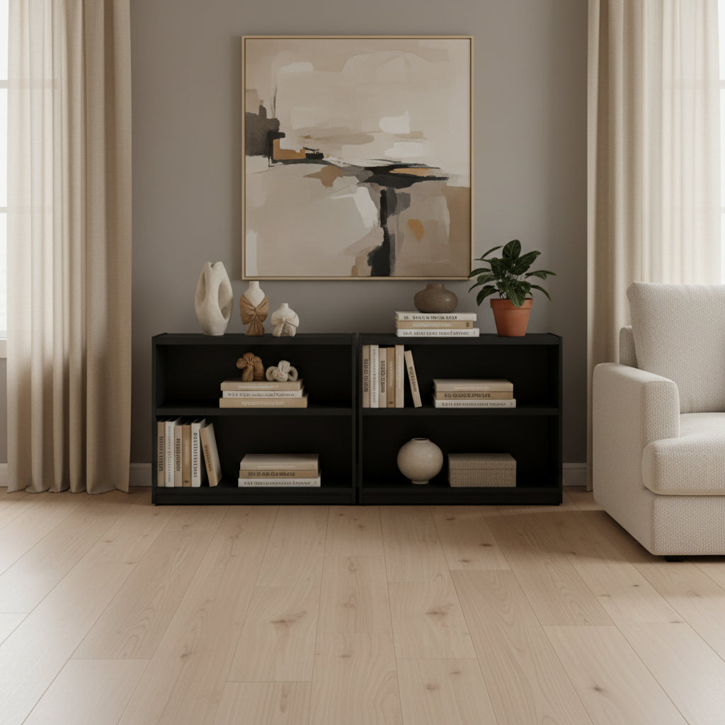 2 Shelf Black bookcase with three shelves on a gray background