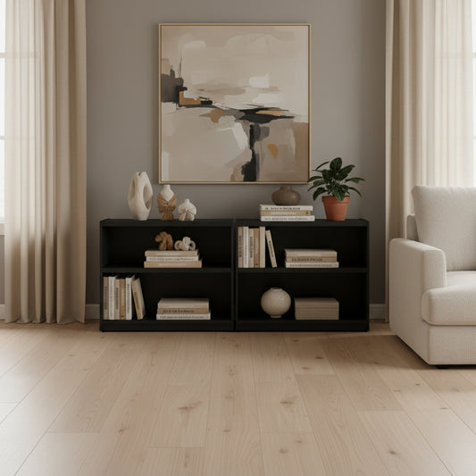 2 Shelf Black bookcase with three shelves on a gray background