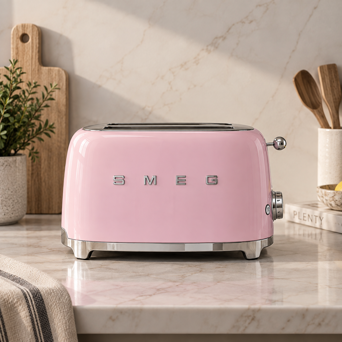 A pink Smeg two-slice toaster with chrome accents sits on a marble countertop in a kitchen setting.
