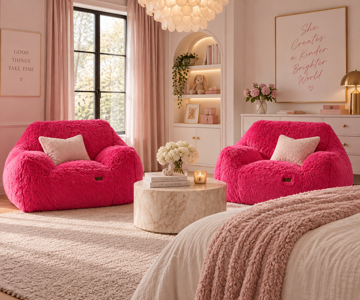 2 PINK PUFF FLOOR CHAIRS IN BEDROOM