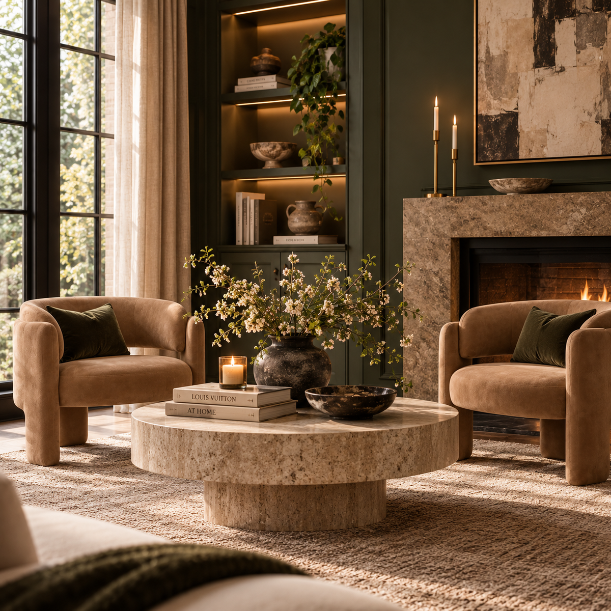 A styled living room scene with two tan upholstered barrel chairs are facing a round stone coffee table, set in front of a fireplace and built-in shelving. The room has dark green walls, a textured rug, candles, books, and greenery.